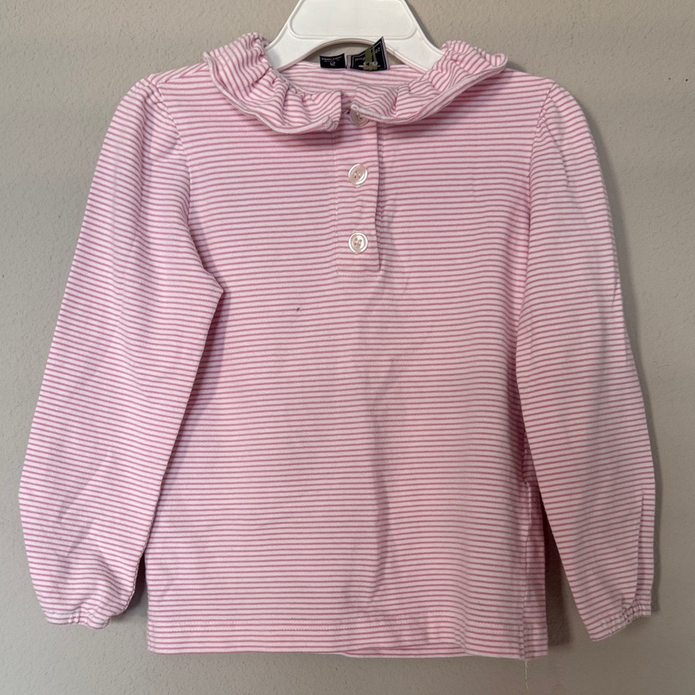 Busy Bees Pink Striped Kids Shirt with Ruffle Collar Girl’s Sz 5